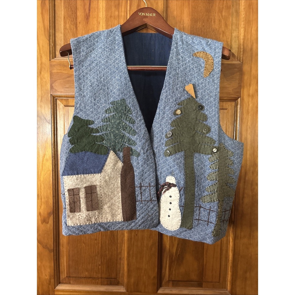 Vtg 90s Handmade 3D Quilted Vest Snowman Folk Art, Cabin, Moon, Trees, XL